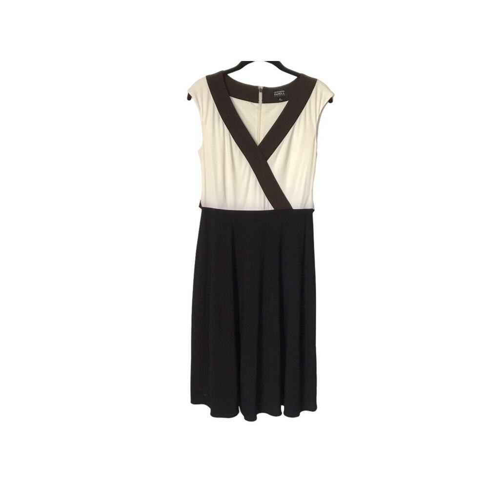 Adrianna Papell Dress Womens Petite Size 6P Brown Cream V-neck Criss Cross Shift